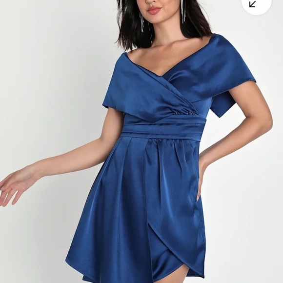 NWT Lulus Always Celebrating Navy Blue Satin Off-the-Shoulder Mini  size S - Picture 2 of 15